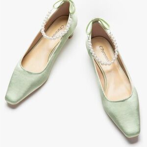 Green Satin Heels with Crystal Trim